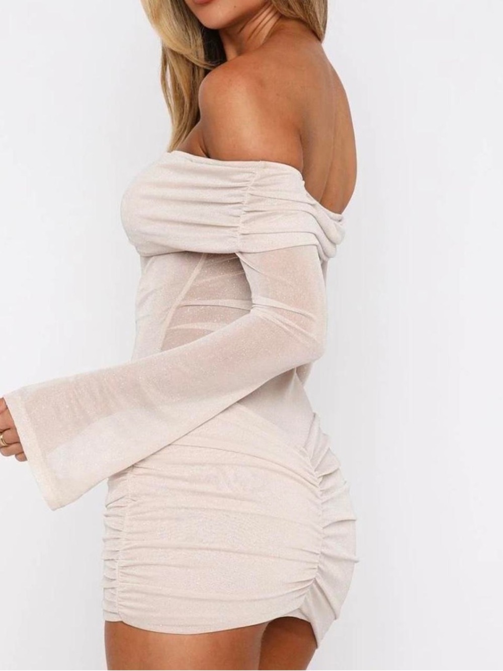 White Fox Boutique Off-Shoulder Ruched Bodycon Mini Dress - Light Beige - Picture 2 of 5